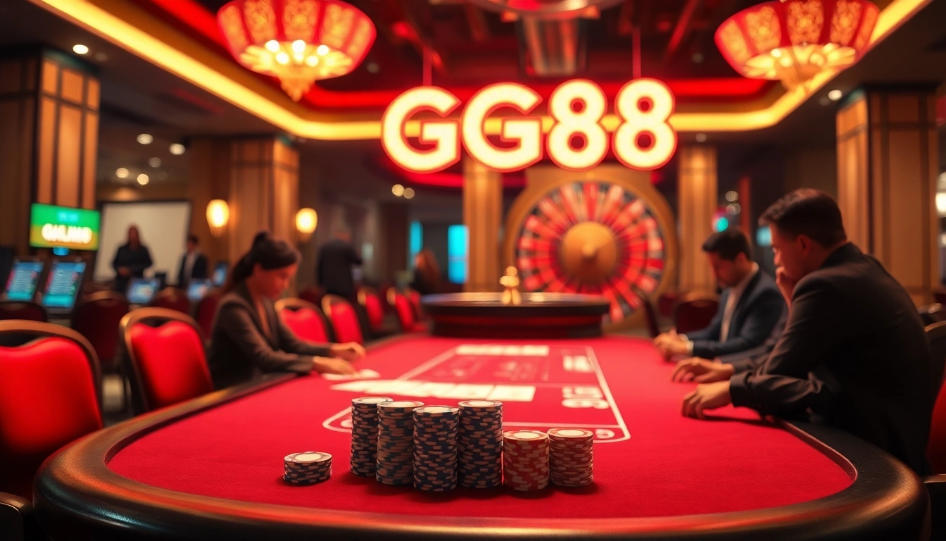 Experience the thrill of high-stakes games at GG88, featuring vibrant poker tables and colorful chips.