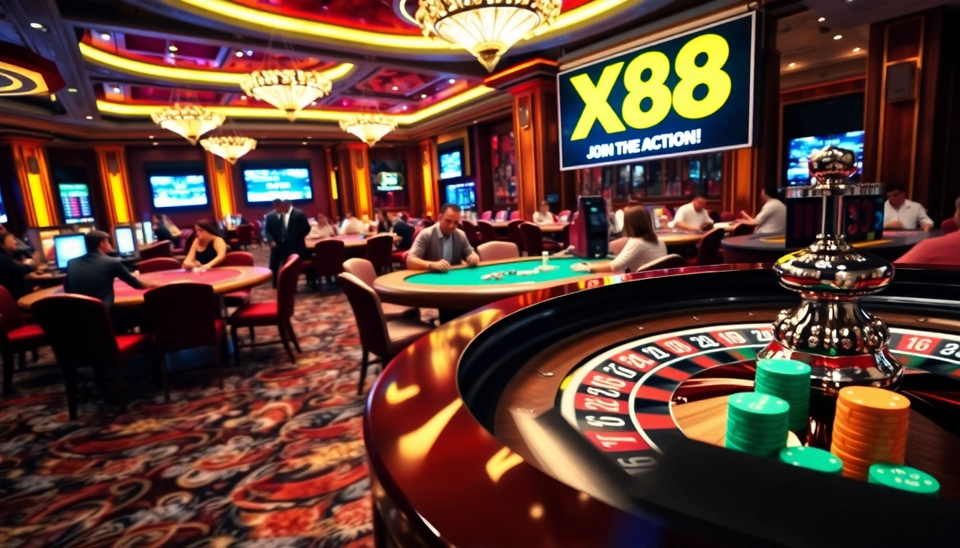 Exciting X88 roulette wheel spins amidst intense poker action on the casino floor.