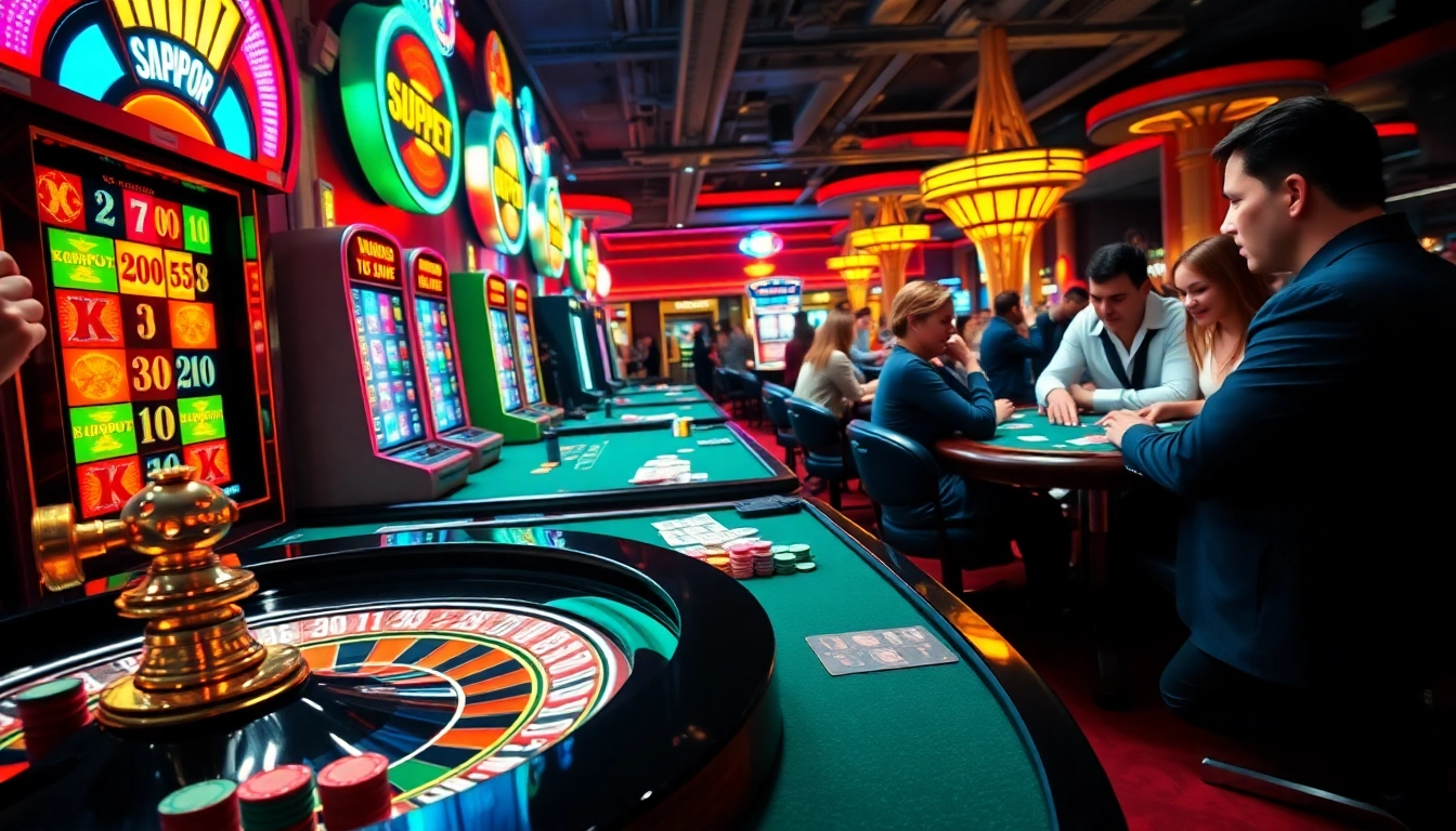 Experience the thrilling atmosphere of HU BET as players engage in high-stakes gambling at a vibrant casino with roulette wheels and exciting slot machines.