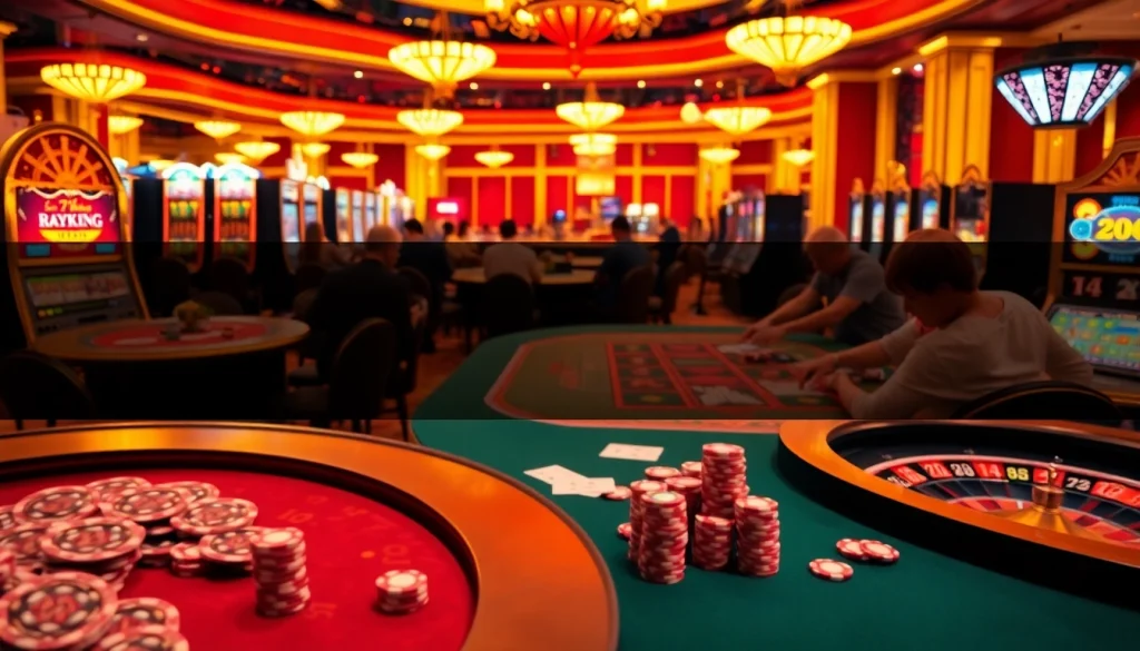 Experience the excitement of 79KING in a lively casino setting with vibrant tables and players winning big.