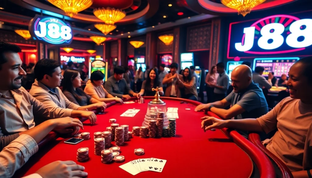 Engage with J88 at a vibrant casino poker table surrounded by players.